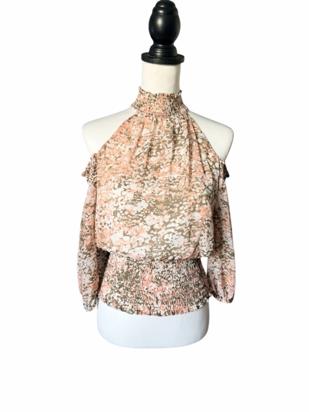 Express Pink White Smocked Halter Cold-Shoulder Blouse Small